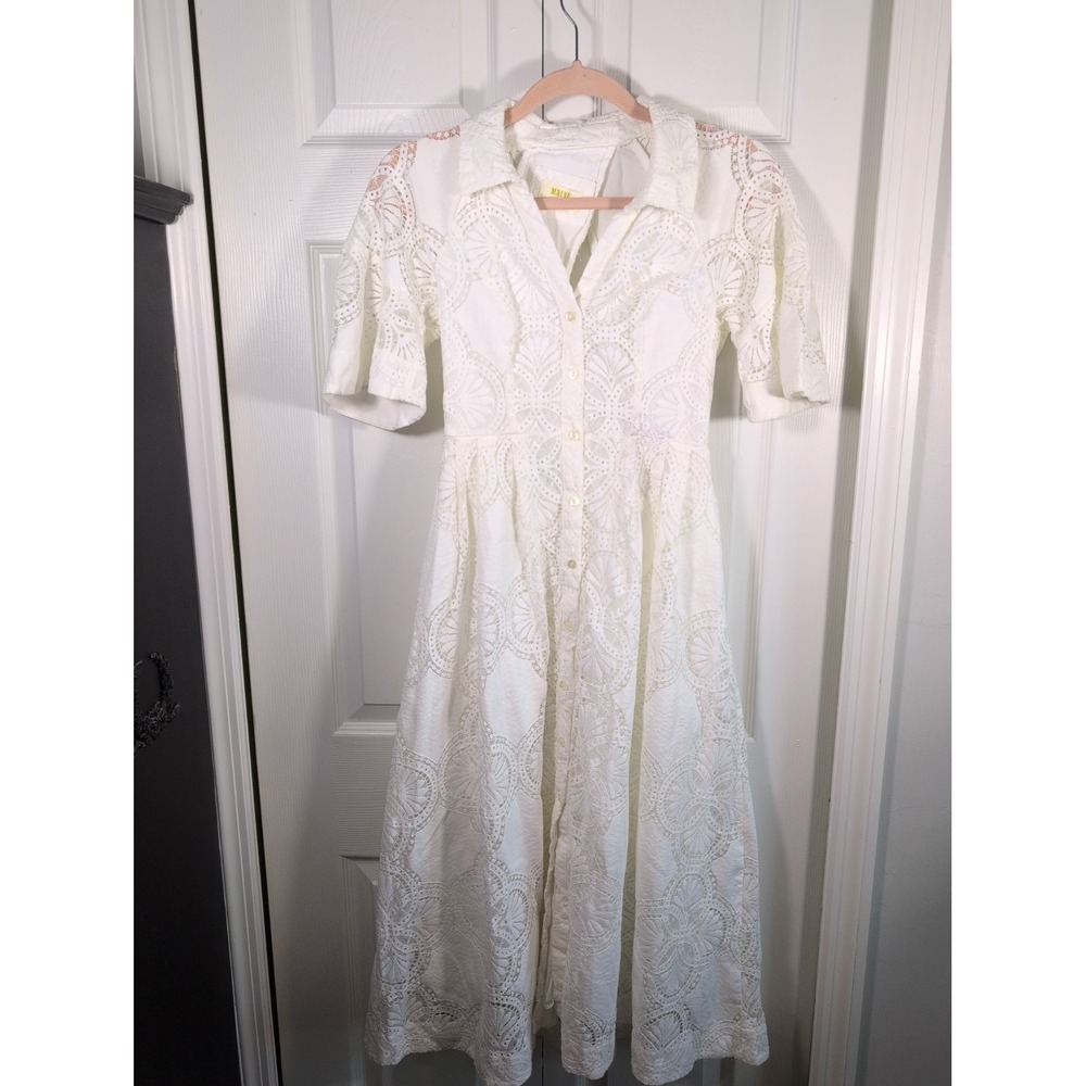 Anthropologie Maeve Women's Short Sleeve Lace Eyelet Midi White V Neck Dress 4
